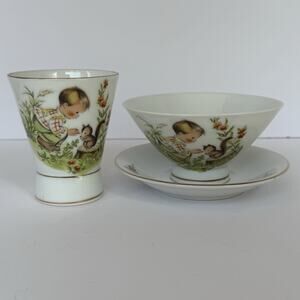 Vintage Seyei Nagoya Japan Fine China Children Set Cup Bowl Saucer Boy Squirrel